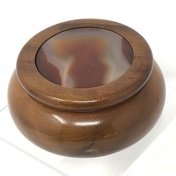 Hand Crafted Wood Trinket Box with Agate Stone Inlay Lid Artisan Made in Brazil - Picture 2 of 9